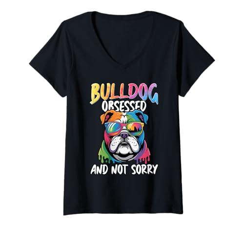 Damen Bulldogge T-Shirt mit V-Ausschnitt von Bulldog Gifts for Men and Women