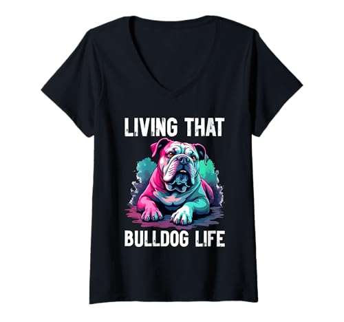 Damen Bulldogge T-Shirt mit V-Ausschnitt von Bulldog Gifts for Men and Women