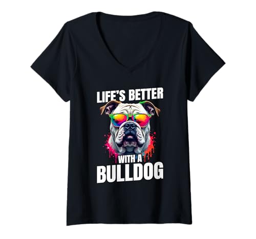Damen Bulldogge T-Shirt mit V-Ausschnitt von Bulldog Gifts for Men and Women