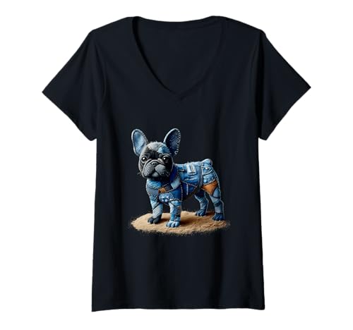 Damen Bulldogge Muster Patchwork Kunst Französische Bulldogge in Denim Hund T-Shirt mit V-Ausschnitt Damen Bulldogge Muster Patchwork Kunst Französische Bulldogge in Denim Hund T-Shirt mit V-Ausschnitt von Bulldog Pattern Patchwork Art French Bulldog
