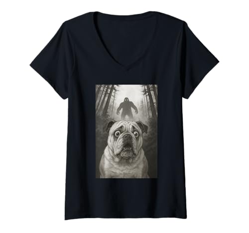 Damen English Bulldog Dog Selfie with Bigfoot Sasquatch Funny T-Shirt mit V-Ausschnitt von Bulldog Selfie With Bigfoot Funny Apparel