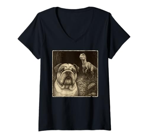 Damen English Bulldog Dog Selfie with T-Rex Dinosaur Funny T-Shirt mit V-Ausschnitt Damen English Bulldog Dog Selfie with T-Rex Dinosaur Funny T-Shirt mit V-Ausschnitt von Bulldog Selfie With Dinosaur Funny Apparel