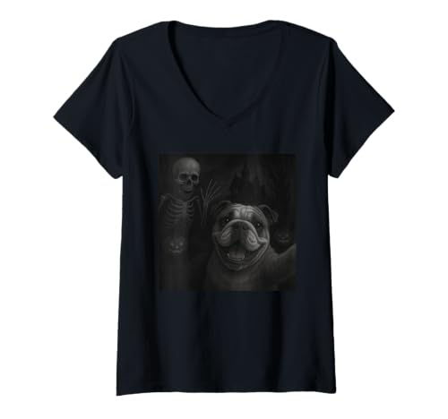 Damen English Bulldog Dog Selfie with Skeleton Halloween Funny T-Shirt mit V-Ausschnitt Damen English Bulldog Dog Selfie with Skeleton Halloween Funny T-Shirt mit V-Ausschnitt von Bulldog Selfie With Skeleton Funny Apparel