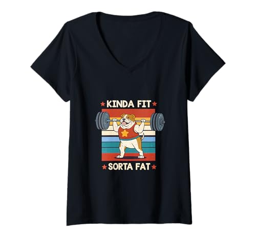 Damen Kinda Fit Sorta Fat Bulldog Gewichte Heben Lustige Kunst T-Shirt mit V-Ausschnitt von Bulldog Strength Training Co