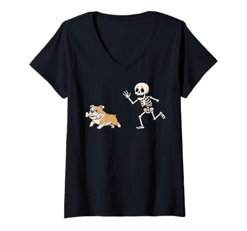 Damen Bulldogge Skelett Hand Halloween T-Shirt mit V-Ausschnitt von Bulldogge Halloweenkostüm Lustig