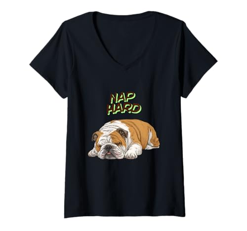Damen Bulldogg zu ruhig, um sanfte Napper weicher Träume zu eilen T-Shirt mit V-Ausschnitt Damen Bulldogg zu ruhig, um sanfte Napper weicher Träume zu eilen T-Shirt mit V-Ausschnitt von Bulldogge zu ruhig, um treue Nickerchen zu eilen