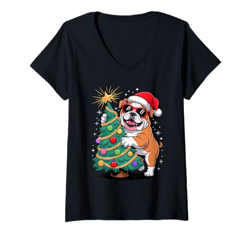 Damen Christmas Tree English Bulldog Sunglasses Bulldogs T-Shirt mit V-Ausschnitt von Bulldogs Bulldog Lover Gifts