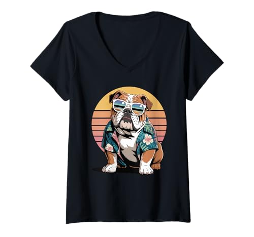 Damen English Bulldog Sonnenbrille Hawaii Strand Sommer T-Shirt mit V-Ausschnitt Damen English Bulldog Sonnenbrille Hawaii Strand Sommer T-Shirt mit V-Ausschnitt von Bulldogs Bulldog Lover Gifts