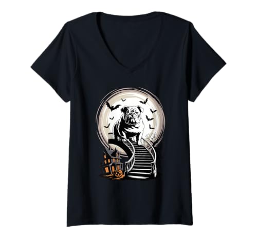 Damen Gruselig Halloween Mond English Bulldog Englische Bulldogge T-Shirt mit V-Ausschnitt Damen Gruselig Halloween Mond English Bulldog Englische Bulldogge T-Shirt mit V-Ausschnitt von Bulldogs Bulldog Lover Gifts