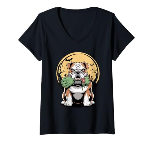 Damen Halloween Mond Zombie English Bulldog Englische Bulldogge T-Shirt mit V-Ausschnitt von Bulldogs Bulldog Lover Gifts