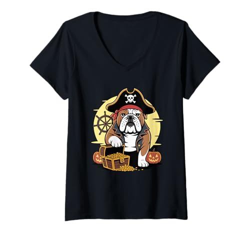 Damen Halloween Pirate English Bulldog Treasure T-Shirt mit V-Ausschnitt von Bulldogs Bulldog Lover Gifts