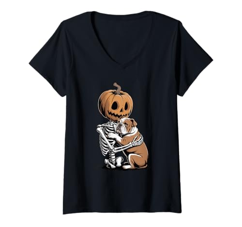 Damen Halloween Skeleton English Bulldog Bulldogs T-Shirt mit V-Ausschnitt Damen Halloween Skeleton English Bulldog Bulldogs T-Shirt mit V-Ausschnitt von Bulldogs Bulldog Lover Gifts