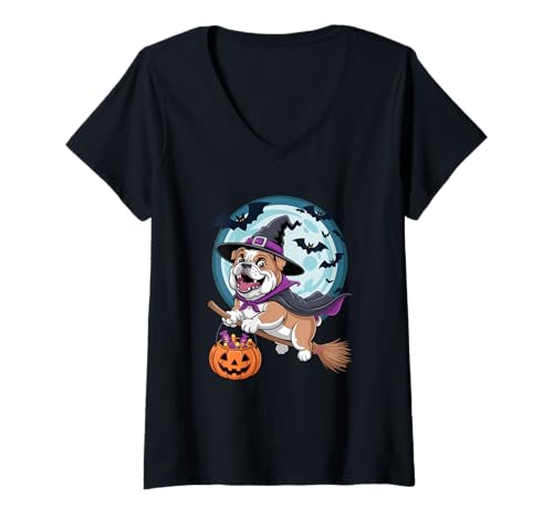 Damen Halloween Witch English Bulldog Moon T-Shirt mit V-Ausschnitt Damen Halloween Witch English Bulldog Moon T-Shirt mit V-Ausschnitt von Bulldogs Bulldog Lover Gifts