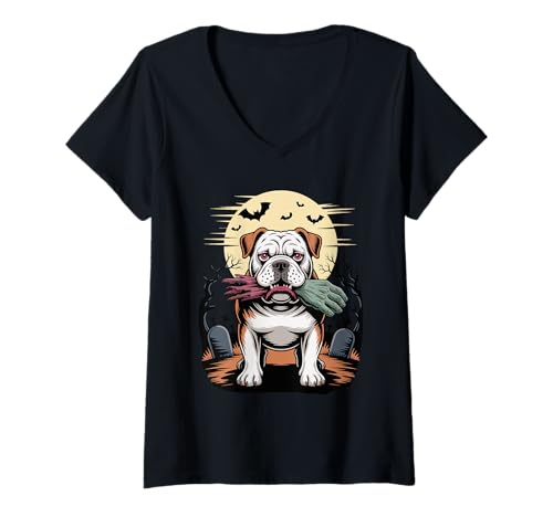 Damen Halloween Zombie Hand English Bulldog Englische Bulldogge T-Shirt mit V-Ausschnitt Damen Halloween Zombie Hand English Bulldog Englische Bulldogge T-Shirt mit V-Ausschnitt von Bulldogs Bulldog Lover Gifts
