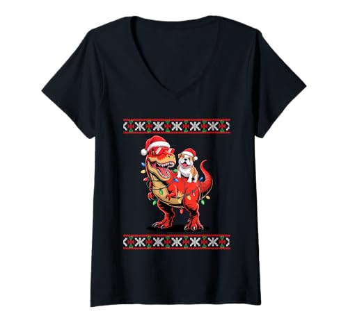 Damen Weihnachten English Bulldog T-Rex Dinosaurier Tyrannosaurus T-Shirt mit V-Ausschnitt von Bulldogs Bulldog Lover Gifts