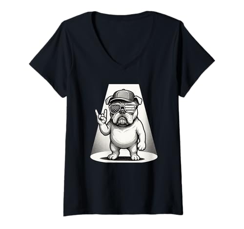 Damen Bulldoggen Dog Cap Retro Rock Konzert Patriotic Musik Lover T-Shirt mit V-Ausschnitt Damen Bulldoggen Dog Cap Retro Rock Konzert Patriotic Musik Lover T-Shirt mit V-Ausschnitt von Bulldogs Lover Rocking Retro Rock Festival Outfit