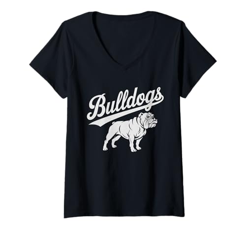 Damen Bulldogs Tshirt Maskottchen Back to School Team Spirit T-Shirt mit V-Ausschnitt von Bulldogs TShirt Maskottchen Zurück Zum