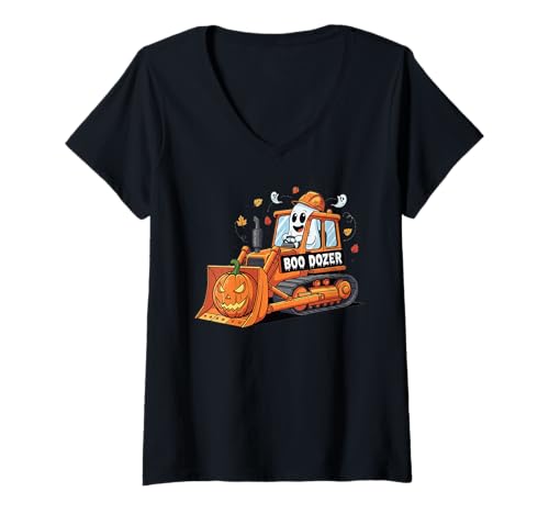 Damen Herbst Halloween Boo Dozer Bauwagen Geist Kürbis T-Shirt mit V-Ausschnitt von Bulldozer Halloween Boo Dozer Construction Truck
