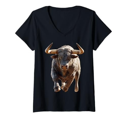 Damen Stier Bulle Ochse Rind Hausrind Bauernhof Kuh Taurus Bullen T-Shirt mit V-Ausschnitt von Bullen Motiv Stiere Liebhaber Sternzeichen Stier