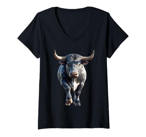 Damen Stier Bulle Ochse Rind Hausrind Bauernhof Kuh Taurus Bullen T-Shirt mit V-Ausschnitt von Bullen Motiv Stiere Liebhaber Sternzeichen Stier