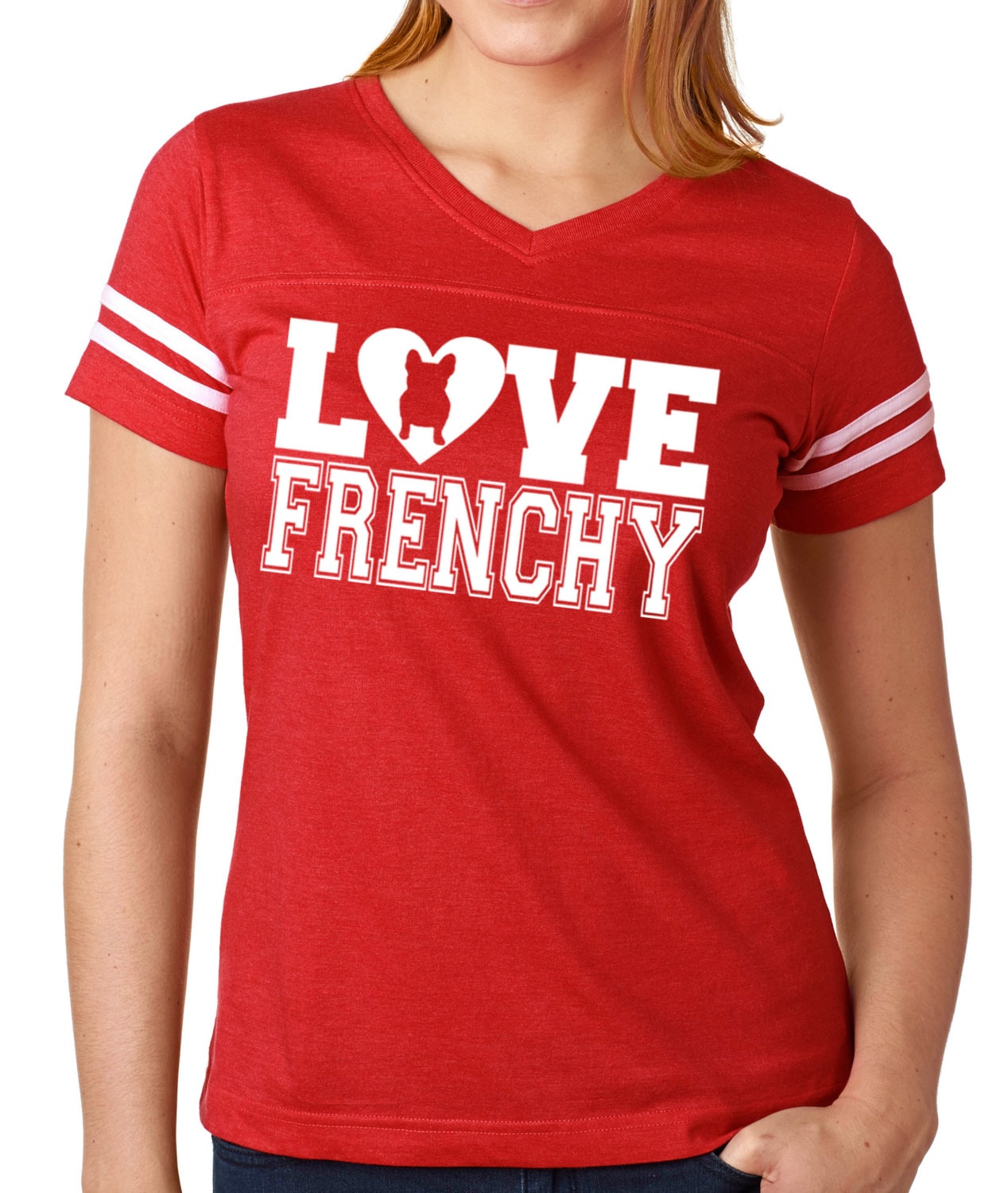 Love Frenchy Damen French Bulldog V-Neck Jersey T-Shirt von BullySupplies