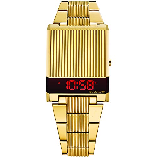 Bulova Computron 97c110 Unisex Digital Quarz Armbanduhr mit Gelbgoldfarbenem Stahlgehäuse und -armband, Wasserdicht bis 30m, Modern/Futuristisch, für Unisex-Erwachsene von Bulova