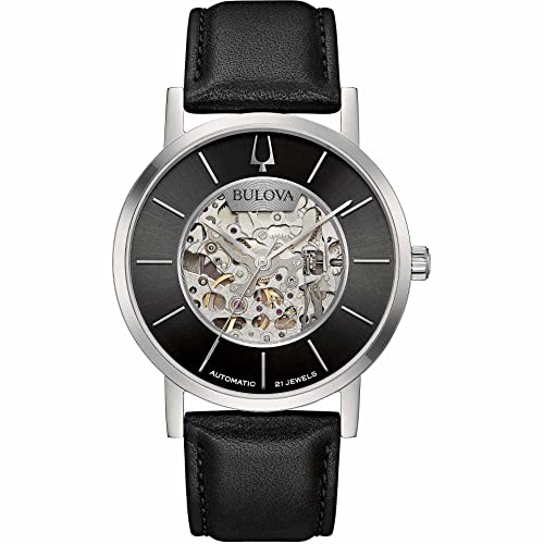 Bulova Herren Automatik Armband-Uhr aus Edelstahl mit Leder Band - American Clipper - 96A279 von Bulova