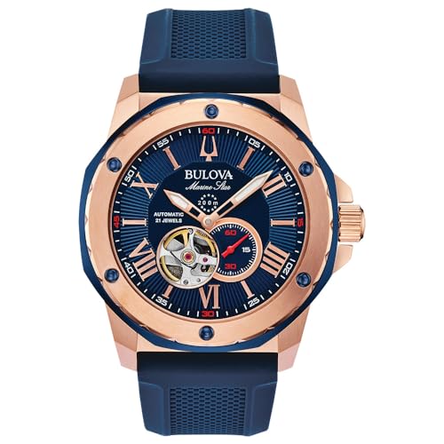 Bulova Herren Automatik Armband-Uhr aus Edelstahl mit Kautschuk Band - Marine Star - 98A227 von Bulova