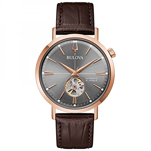 Bulova Herren Automatik Armband-Uhr aus Edelstahl mit Leder Band - Aerojet - 97A171 von Bulova