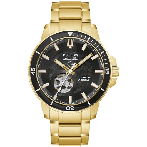 Bulova Herren Marine Star 'Series C' Automatik Gold Edelstahl 3-Zeiger Uhr Schwarzes Zifferblatt Ausstellungsgehäuse Drehbare Lünette Stil:97A174, Gold, Marine Star Series C Automatik-Armband aus von Bulova