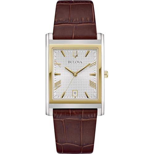 Bulova Herrenuhr 96B430 Classic Rectangle Stahl Leder Braun, braun, Klassisch von Bulova