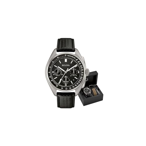 Bulova Lunar Pilot Watch 96B251 - Herren Designer-Armbanduhr Mond - Armband aus Leder - Schwarz von Bulova