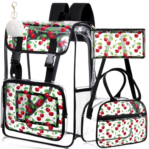 Bulyoou Transparenter Rucksack, strapazierfähig, durchsichtig, Büchertasche mit Lunch-Tasche, Federmäppchen, Schlüsselanhänger, für Damen, Stadiongenehmigt, Kirsche, 3 Stück Bulyoou Transparenter Rucksack, strapazierfähig, durchsichtig, Büchertasche mit Lunch-Tasche, Federmäppchen, Schlüsselanhänger, für Damen, Stadiongenehmigt, Kirsche, 3 Stück von Bulyoou