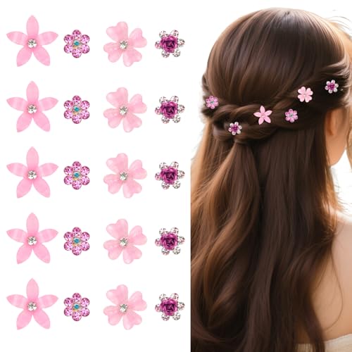 Bumlofa 20 Stück Mini-Haarspangen mit rosa Blumen und Strasssteinen, schöne Accessoires für Damen-Haarspangen, zum Frisieren, Schminken, Stylen, für die Hautpflege, geeignet für Hochzeiten. von Bumlofa