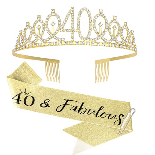 Bumlofa 40. Goldenes Geburtstagskrone-Tiara- und "40 & Fabulous" -Schärpe-Set für Damen, Strass-Stirnband-Accessoire-Tiara mit Kamm, Goldene Accessoires zur Dekoration von Geburtstagspartys von Bumlofa
