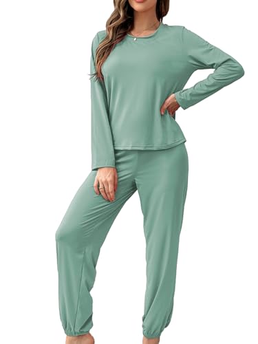 Bunanphy Damen Langarm Pyjama Set Solide Loungewear Sets T Shirt Top und Wide Leg Pants Nightie #D Grün Mittel von Bunanphy