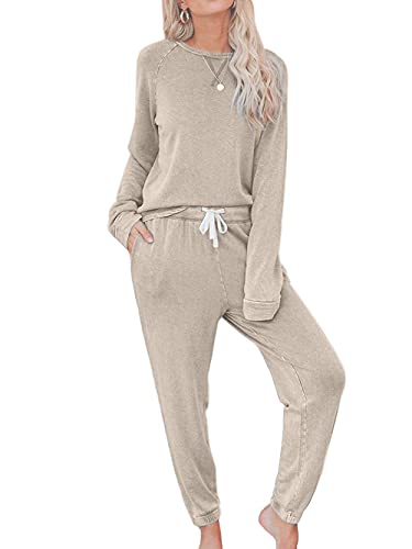 Bunanphy Damen Pyjama Set Langärmelig Rundhalsausschnitt Nachtwäsche Jogger mit Taschen #A Beige Klein von Bunanphy
