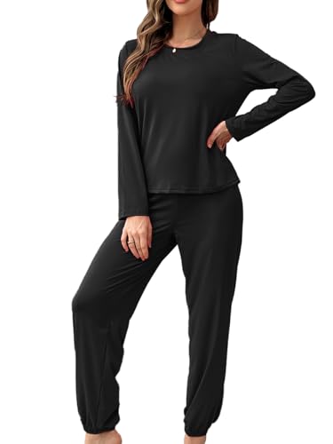 Bunanphy Damen Pyjamas Set Solide Langarm Loungewear Oberteil und Lange Hose Pjs Set Weiche Nachtwäsche Schlafbekleidung #D Schwarz Mittel von Bunanphy