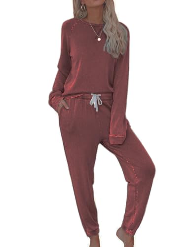 Bunanphy Damen Schlafanzug Set Langärmelig Rundhalsausschnitt Nachtwäsche Jogger mit Taschen #A Weinrot XX-Large von Bunanphy
