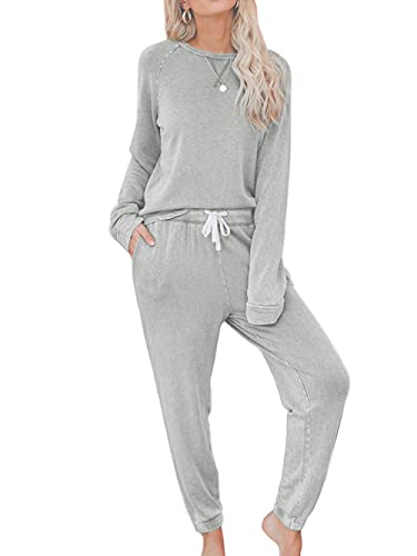 Bunanphy Damen Schlafanzug Set Langarm Solide Pyjamas Set Rundhalsausschnitt Weiches Loungwear Damen Casual Nachtwäsche mit Taschen #A Hellgrau Mittel von Bunanphy