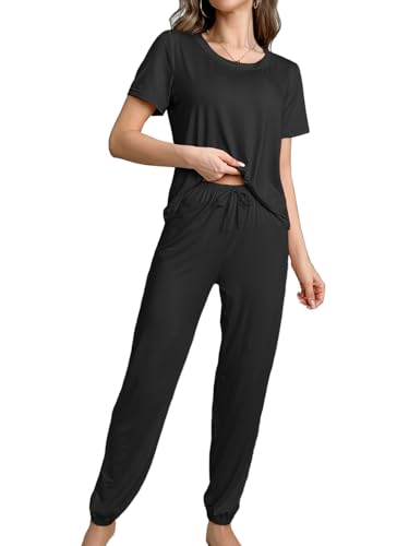 Bunanphy Damen Sommer Pyjama Sets 2 Stück Lounge Schlafanzug Kurzarm Soft Pjs Top Comfy Pjs Hose #B Schwarz Groß von Bunanphy