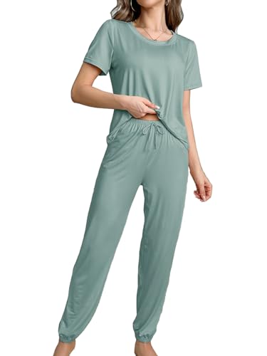 Bunanphy Frauen Kurzarm Pyjama Set Solid Loungewear Sets T Shirt Top und Wide Leg Pants Homewear #B Grün Mittel von Bunanphy