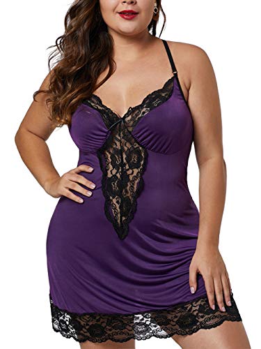 Bunanphy Frauen Plus Größe Babydoll Dessous Zurück Crisscross Spitze Trim Chemise Sleepwear Set Valentinstag #A Lila XX-Large von Bunanphy