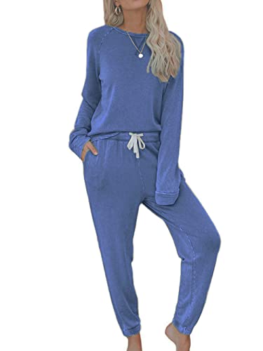Bunanphy Frauen Pyjama-Sets Lange Ärmel Solide PJ-Sets Rundhalsausschnitt Weiche Loungwear Damen lässig Schlafanzug mit Taschen #A Hellblau Klein von Bunanphy
