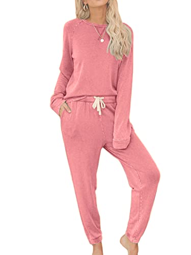 Bunanphy Plus Size Schlafanzug Set für Frauen Langarm solide PJ Sets Crew Neck Soft Loungwear Damen Casual Sleepwear mit Taschen #A Rose XX-Large von Bunanphy