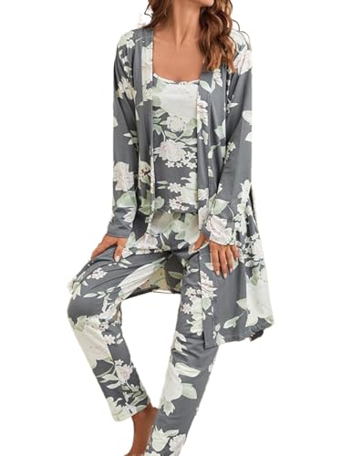 Bunanphy Pyjamas Set for Women Long Sleeve Nightwear Soft Floral Cami Top & Long Pant Sleepwear with Long Robe Pjs Set #A Grau Groß von Bunanphy