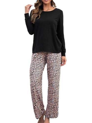 Bunanphy Pyjamas Set für Frauen Lange Ärmel Nachtwäsche Weiches Oberteil & Unterteil Schlafanzug Rundhalsausschnitt Pjs Set #A Leopard Large von Bunanphy