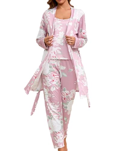 Bunanphy Women's 3 Piece Lounge Set Pajama Set Cami Crop Top Pant Cardigan Loungewear Sleepwear Pjs Belted Robe Set #A Rosa Groß von Bunanphy