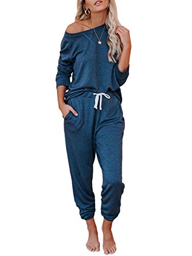 Bunanphy Womens Lounge Wear Pyjamas Set Long Sleeve PJs Casual Crew Neck Sleepwear Jogger with Pockets #A Blau Klein von Bunanphy