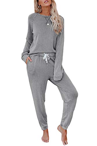 Bunanphy Womens Lounge Wear Pyjamas Set Long Sleeve PJs Casual Crew Neck Sleepwear Jogger with Pockets #A Grau Klein von Bunanphy